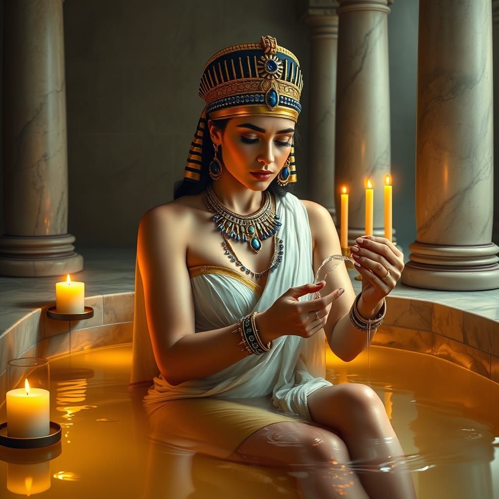 Egyptian Queen in Golden Bath, Inspired by Alma-Tadema