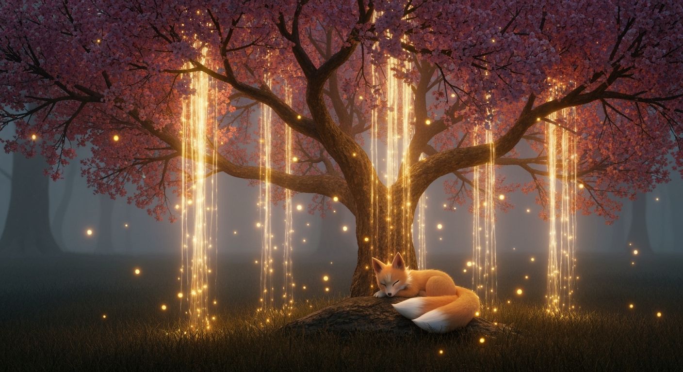 Magical Blossom Tree Shelters Sleeping Kitsune