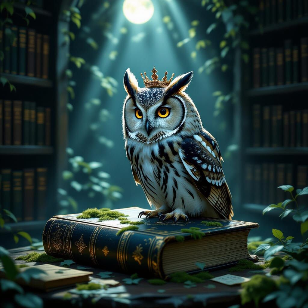 Wise Owl in Moonlit Library Reading Ancient Tome