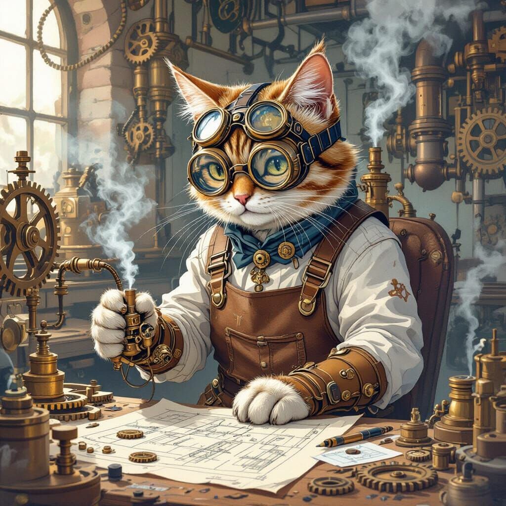 Steampunk Feline Inventor's Workshop: Art Nouveau Style