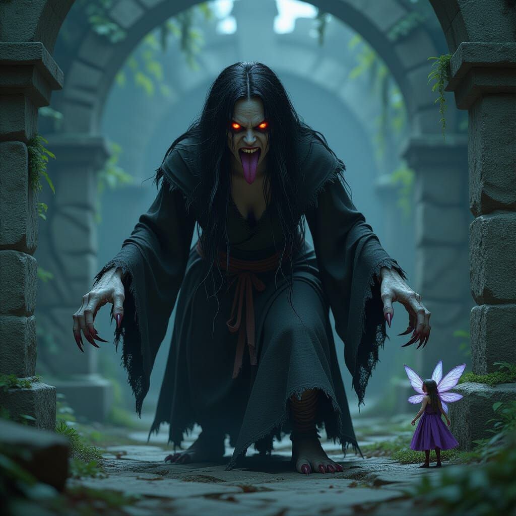 Gaunt Monster Hunts Fairies in Stone Labyrinth