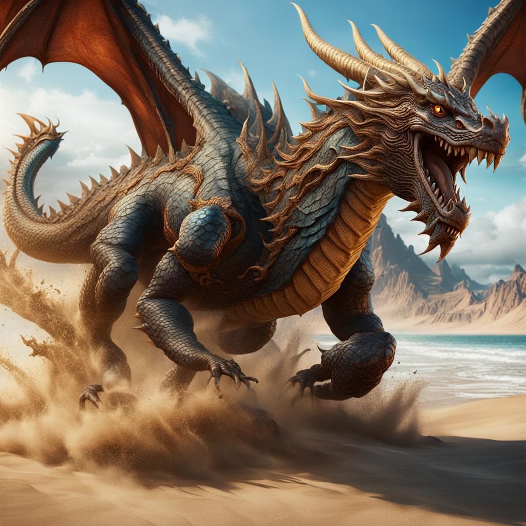 Dragon Running on a Sandy Beach in Fantasy Art
