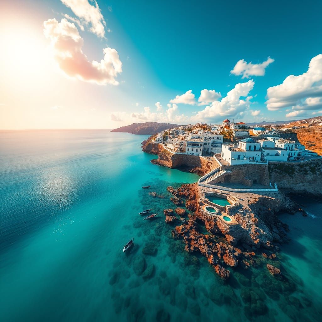 Greek Coastal Village Aerial View