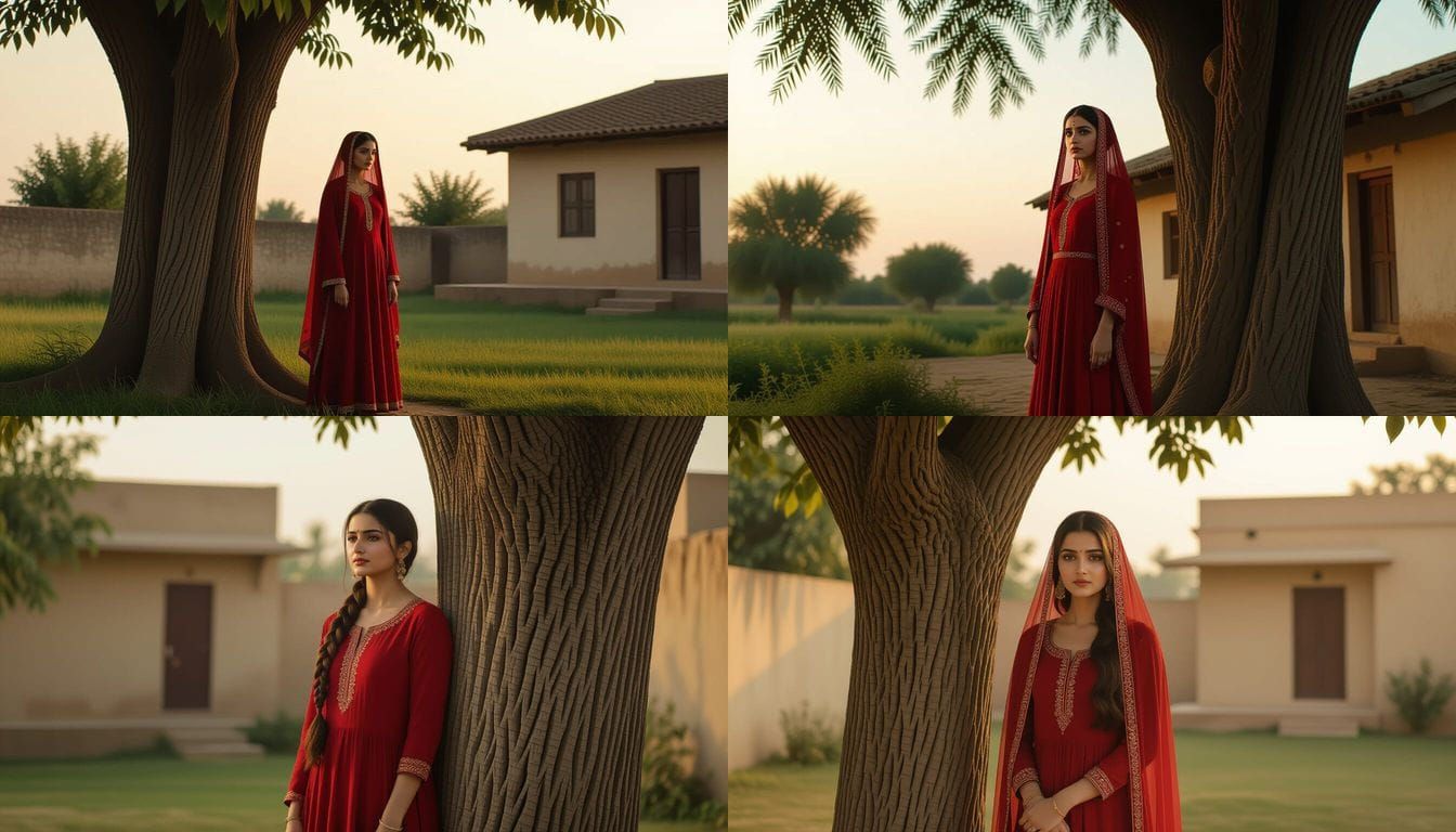 Pakistani Girl in Red Dress by Old Tree