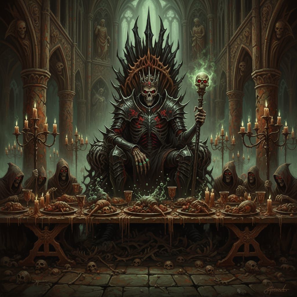 Skeletal King Reigns Over Macabre Feast in Gothic Hall