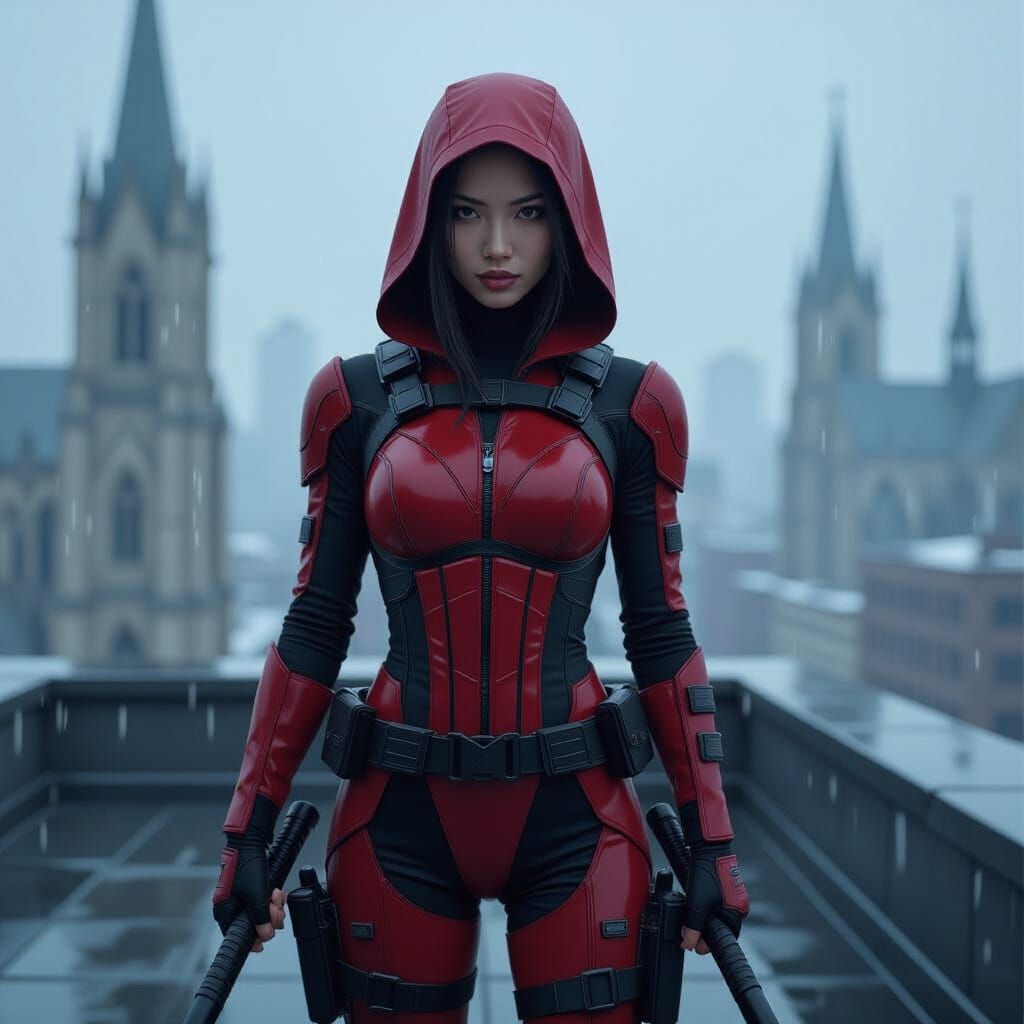 Asian Woman in Tactical Suit on Rooftop