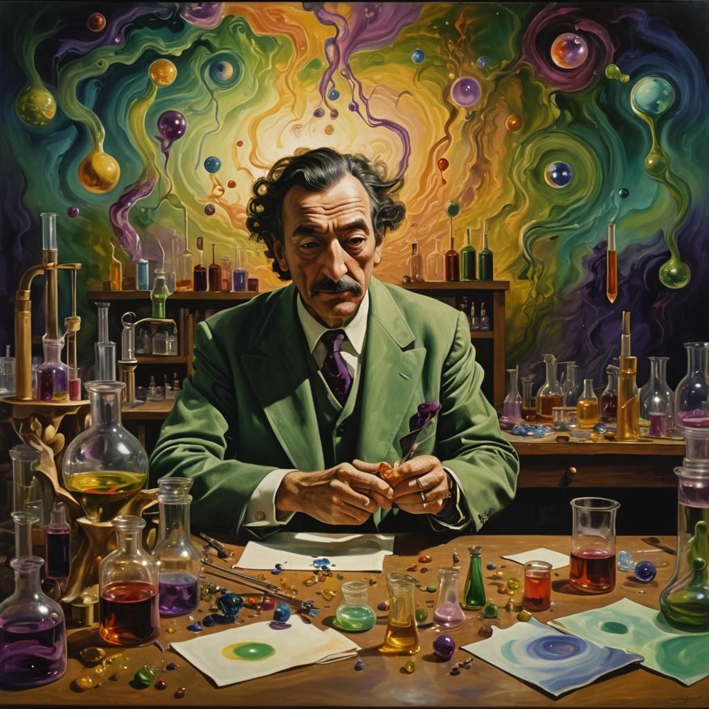 Surrealist Albert Hoffman Dreamlike Laboratory Oil Painting