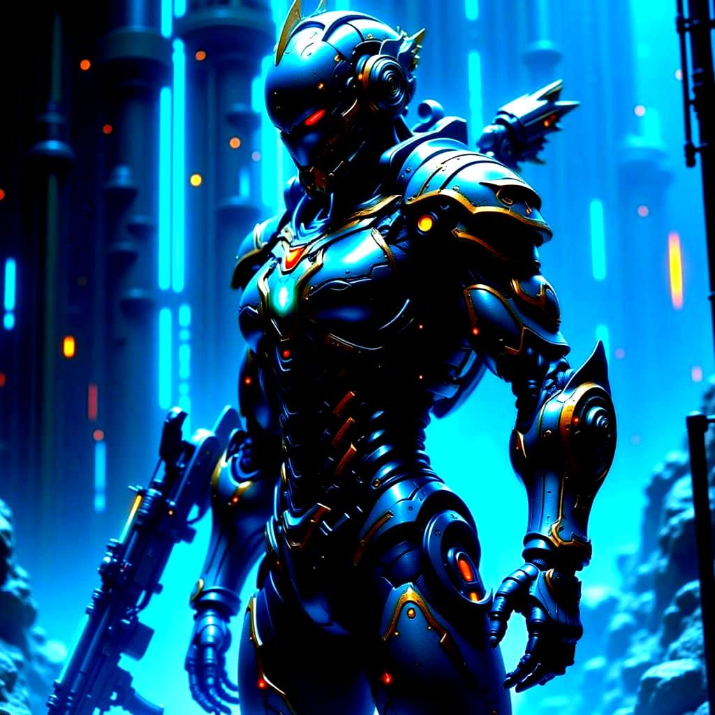 Muscular Bounty Hunter in Neon Space Armor