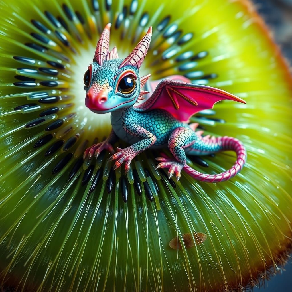 Iridescent Dragon Perched on Kiwi: Digital Art