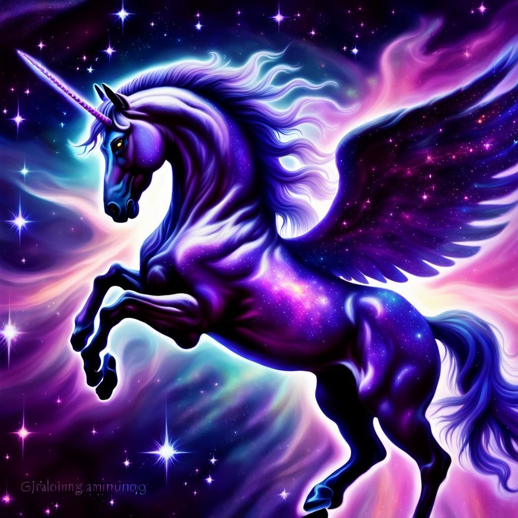 Cosmic Unicorn Pegasus in Vibrant, Ethereal Holographic Styl...