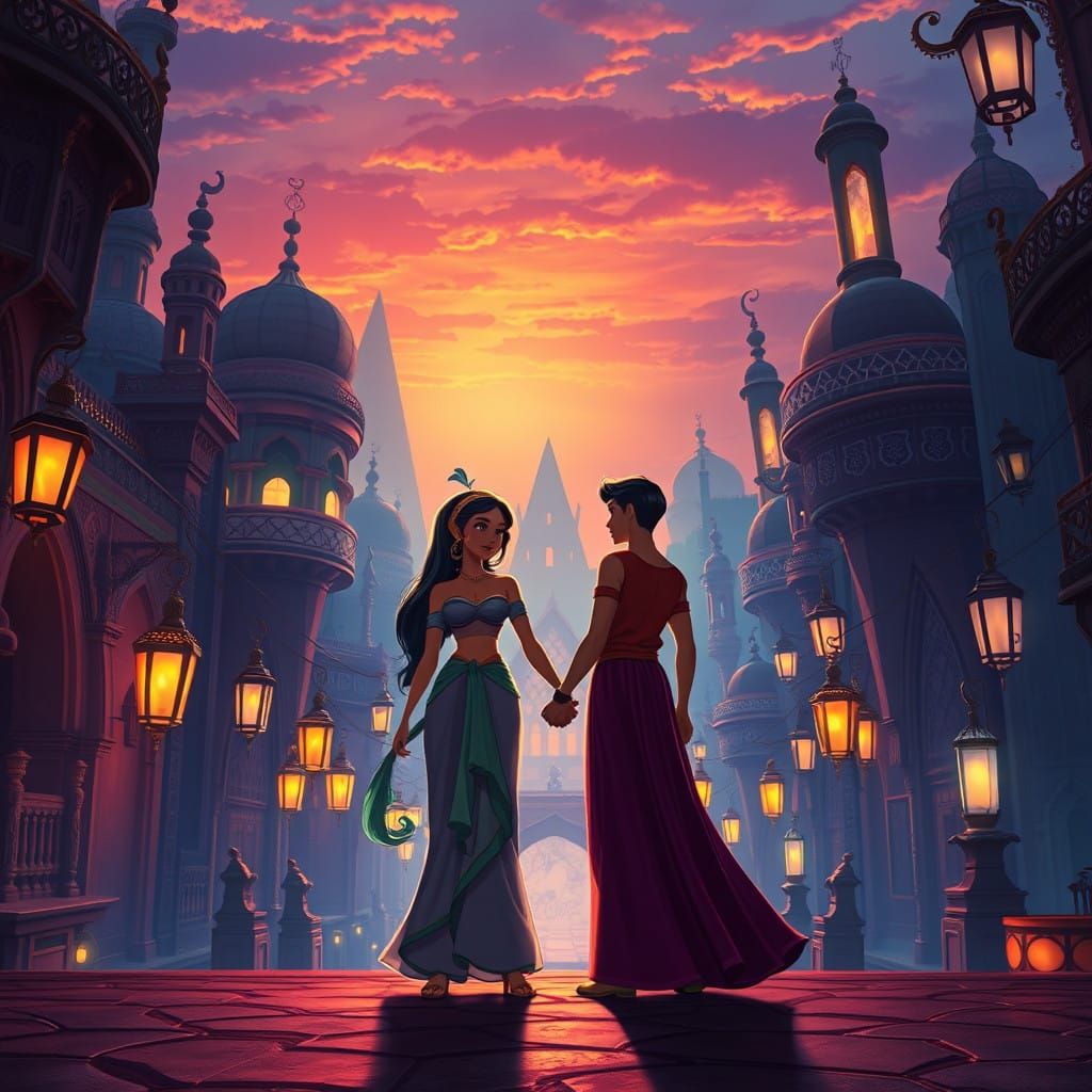Mystical Agrabah Sunset with Jasmine and Aladdin