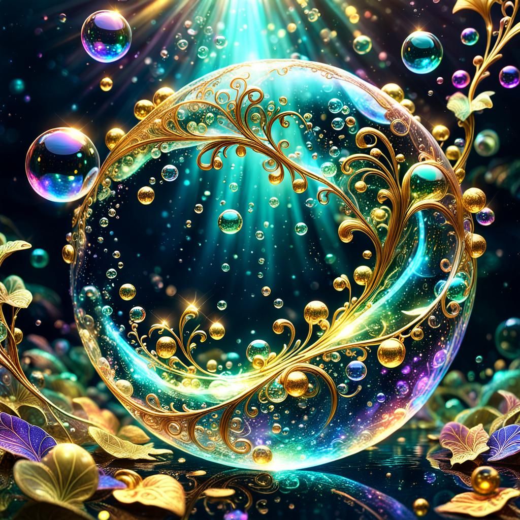 Iridescent ball in the arms of golden tendrils