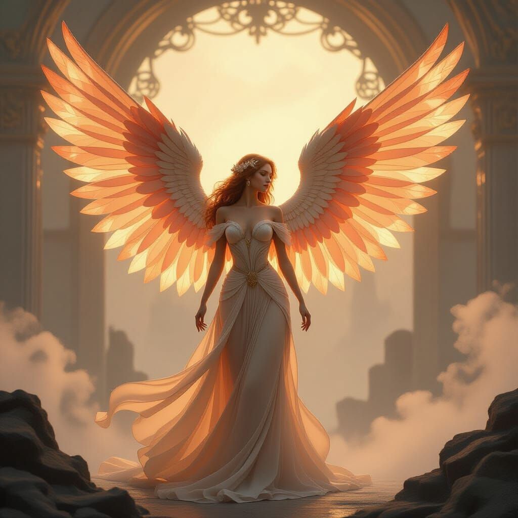 Surreal Woman with Flower Petal Wings in Golden Light