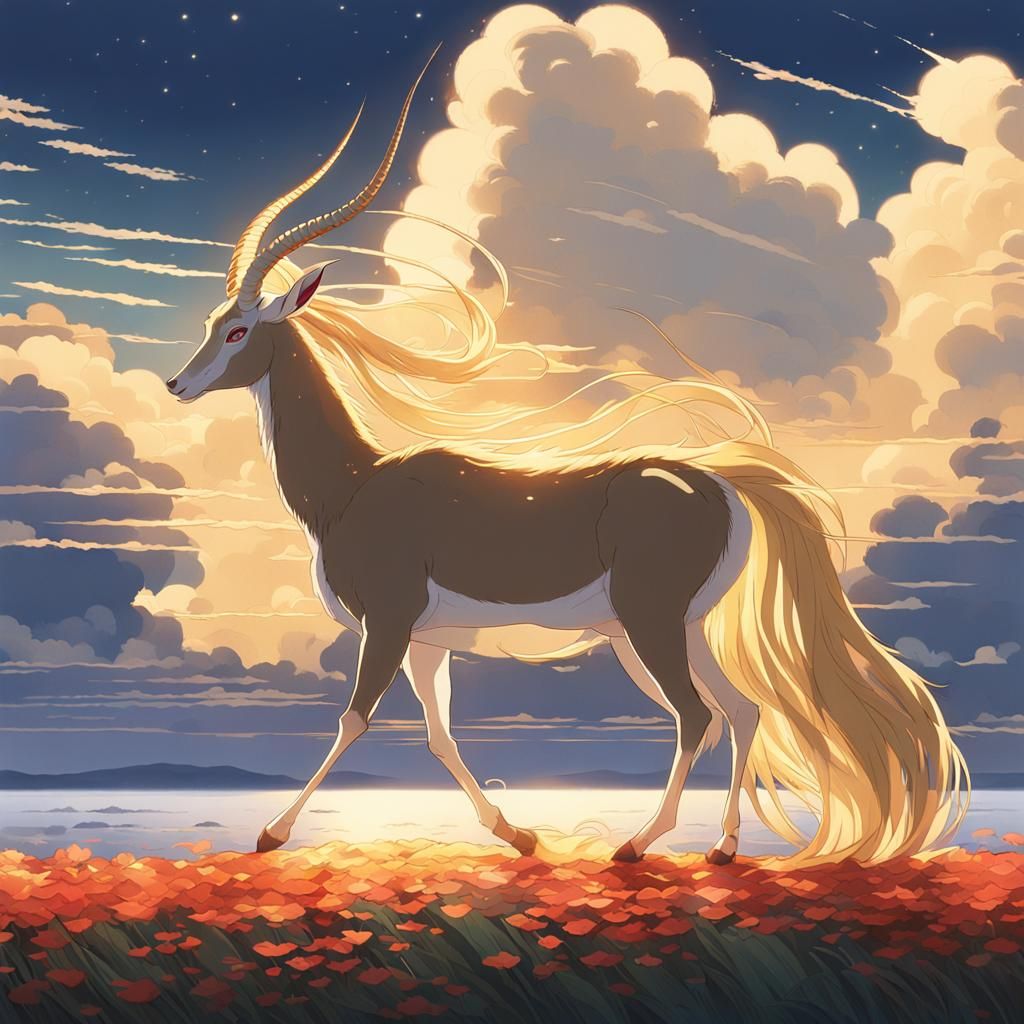 Ghibli-esque Antelope Soaring at Dawn