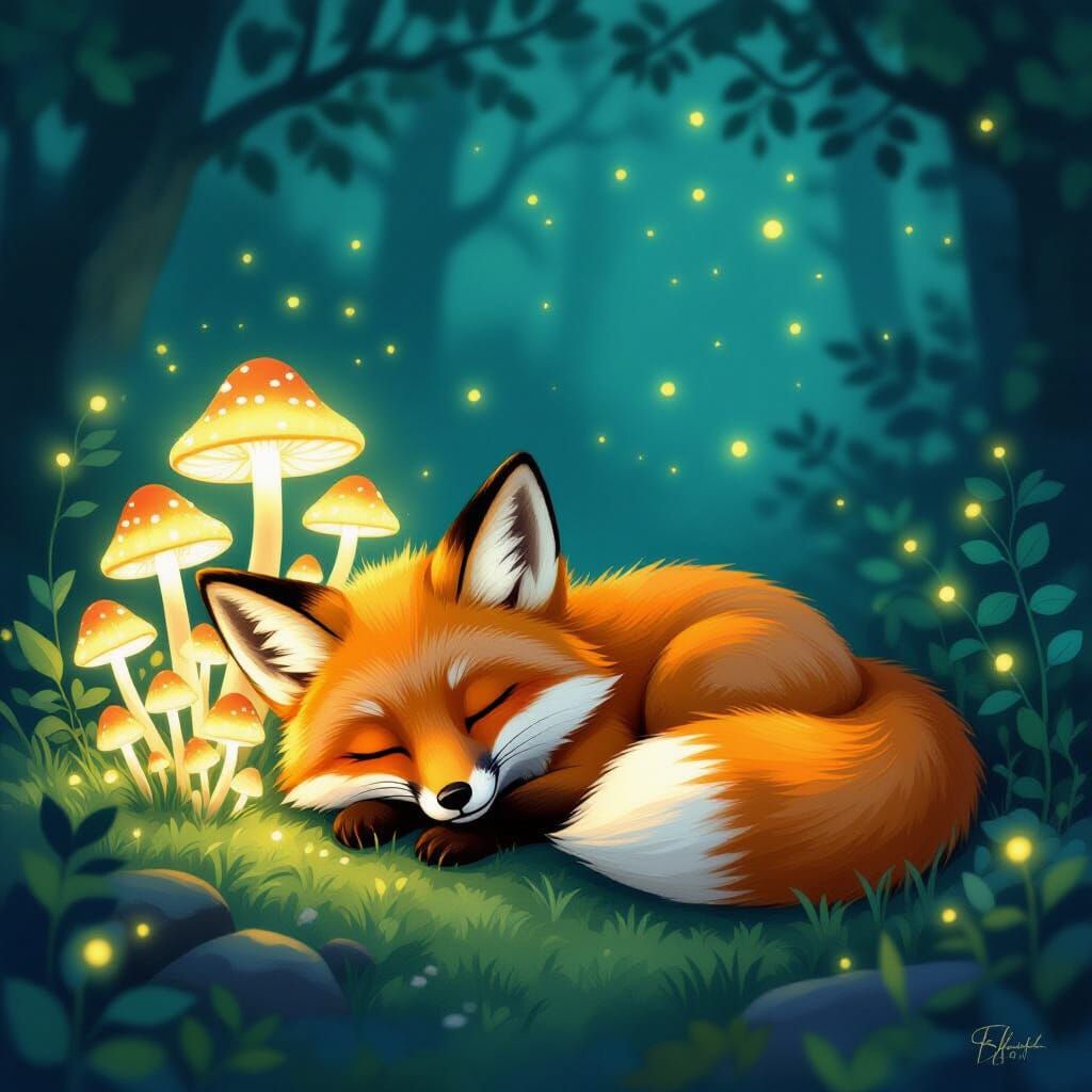 Cute Fox Sleeps Under Magical Glowing Mushrooms