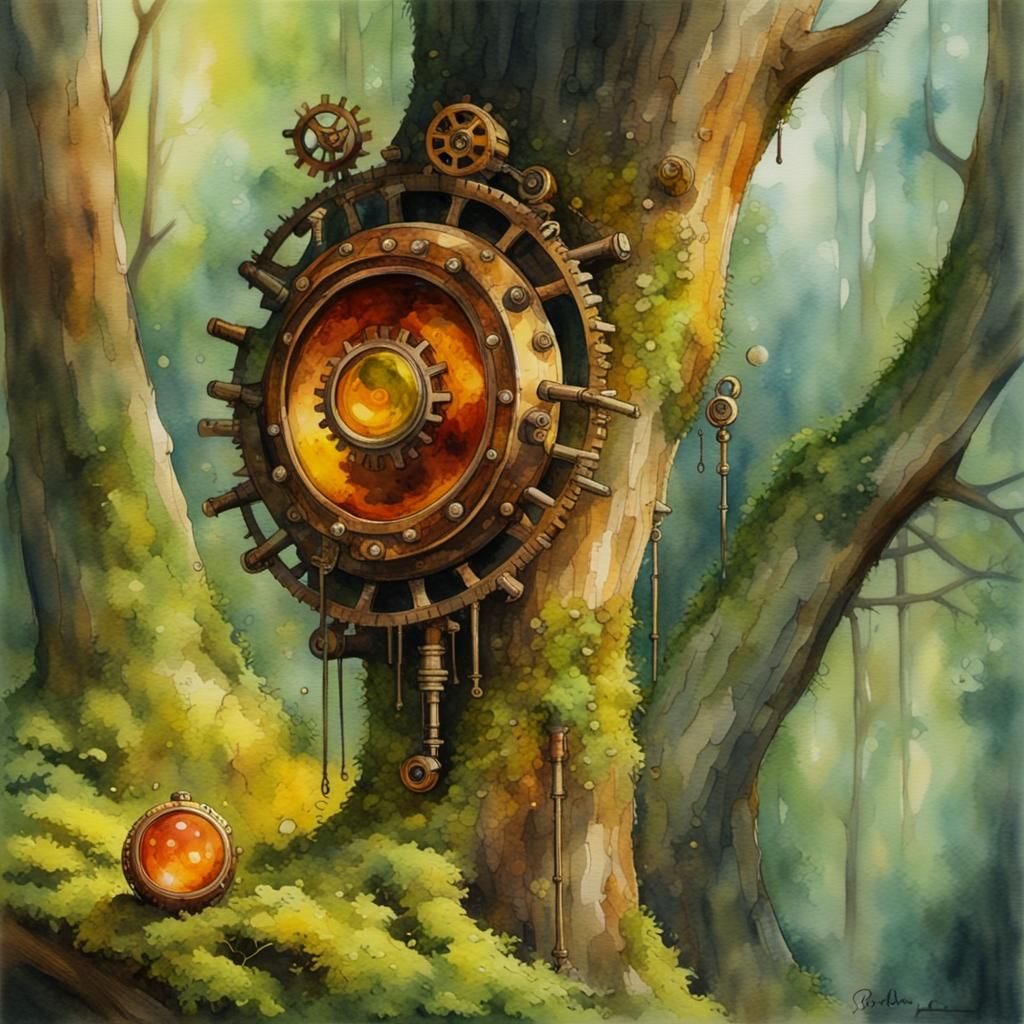 Steampunk Engine Embedded in Amber Disk