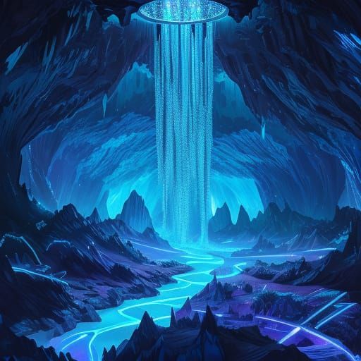 Bioluminescent Cavern Concept Art in Sci-Fi Style