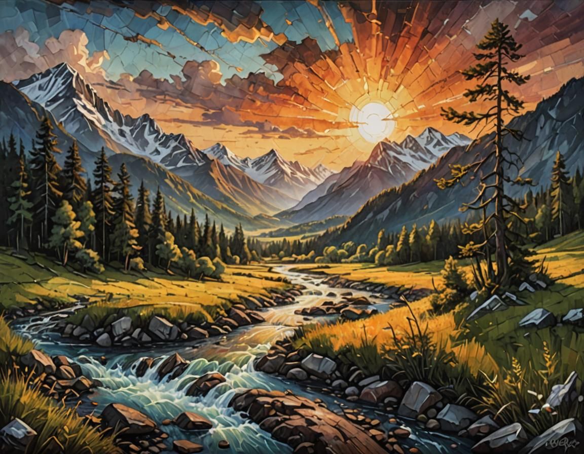 Snow-Capped Mountains and Forested Hills in Acrylic Painting