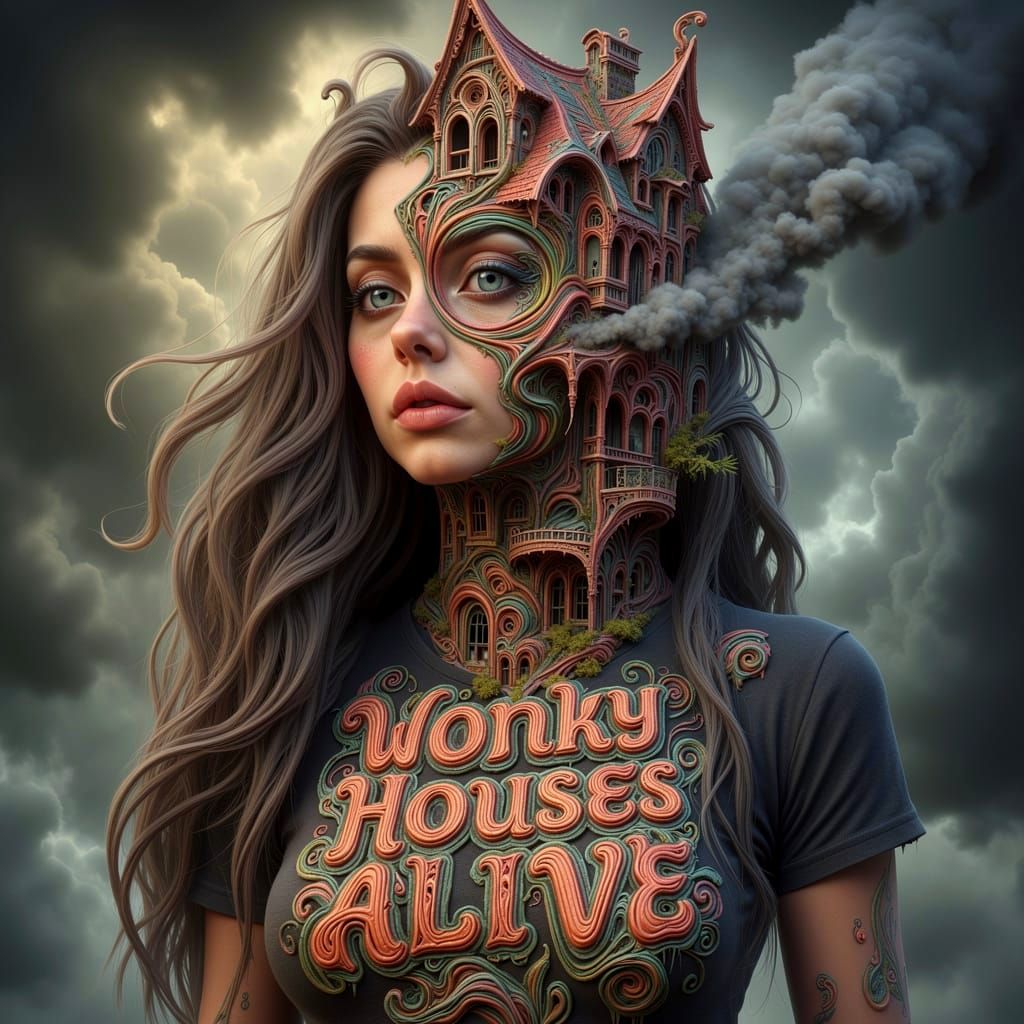 Attractive Woman in Sinister Landscape with Surreal Architec...