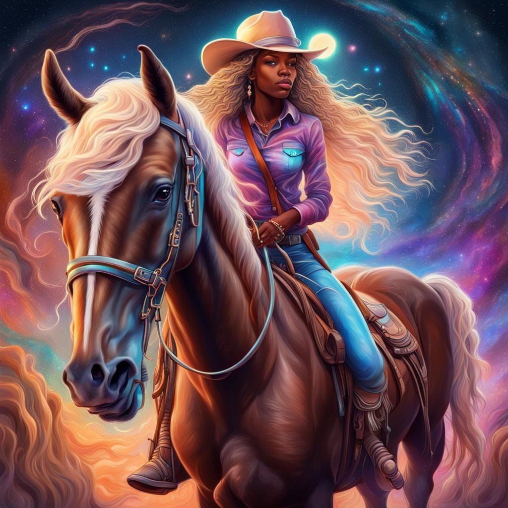 African American Cowgirl with Clydesdale Horse