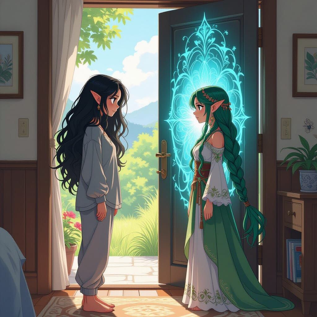 Woman Opens Door to Shimmering Portal, Anime Realistic Style