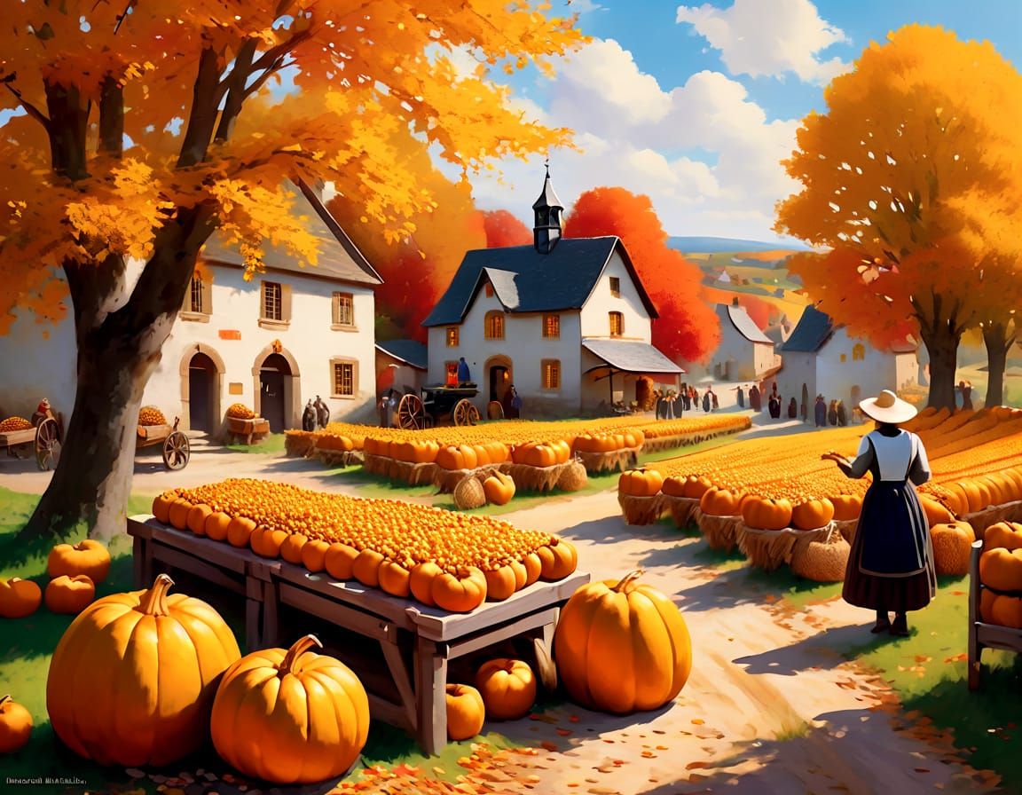Impressionistic Village Harvest Festival in Autumn Light