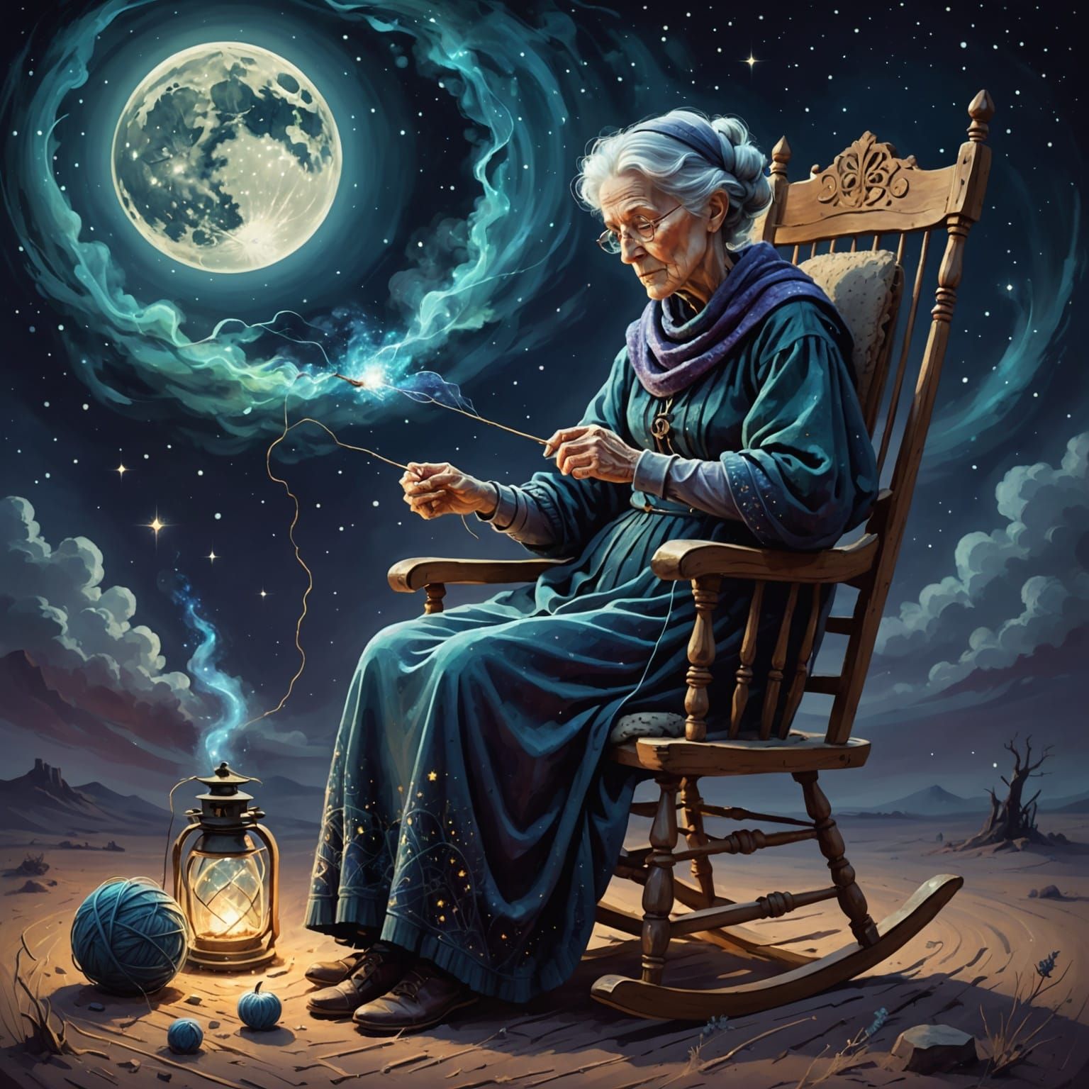 Spectral Grandmother Knitting Nebula in Oil Painting Style