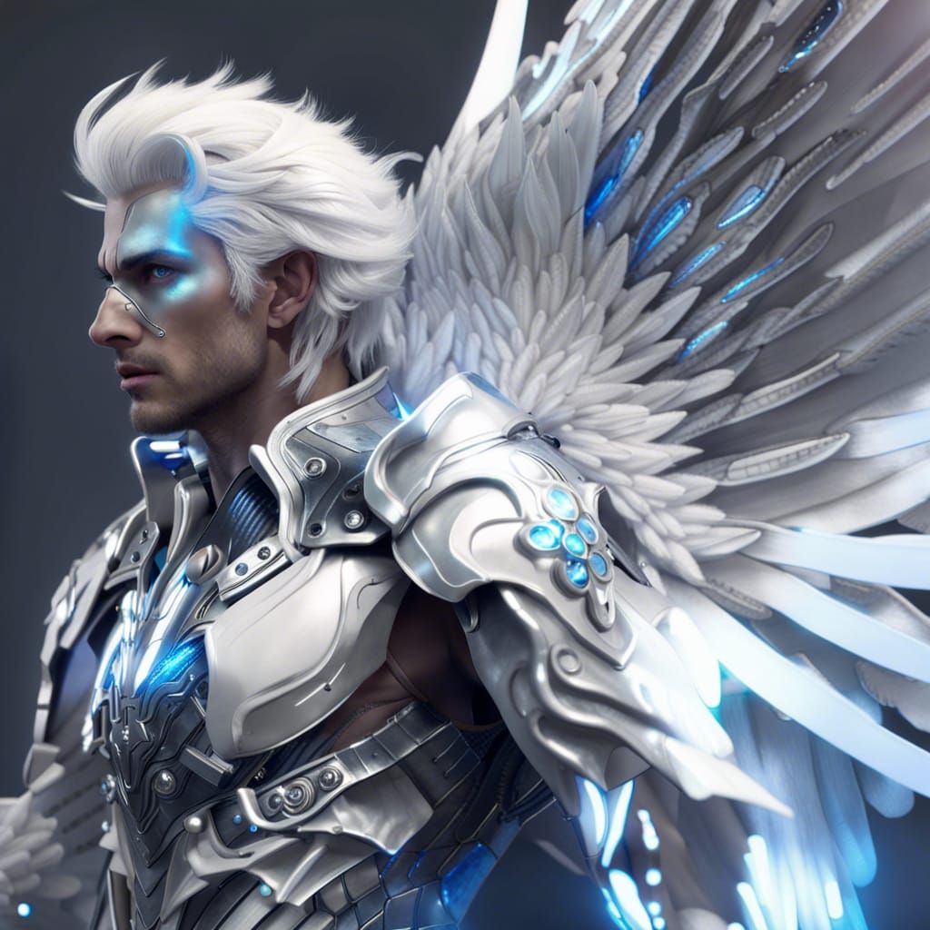 Handsome Angel in Metallic Armor with White Wings