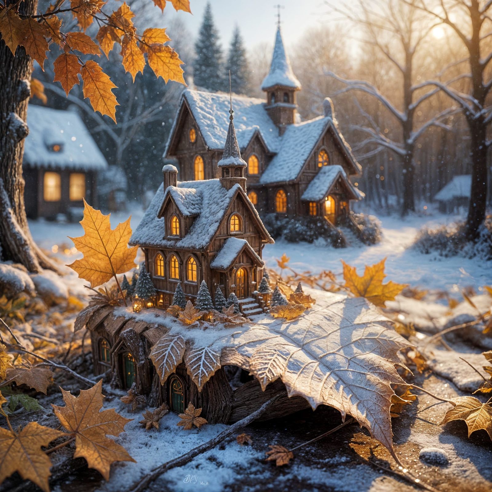 Winter Village Carved in Autumn Leaf, Macro Photography