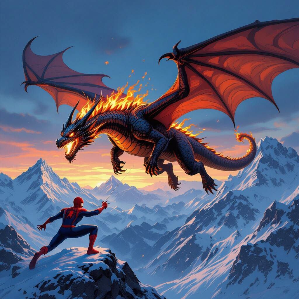 Dragon Soaring Over Mountains Chasing Spiderman