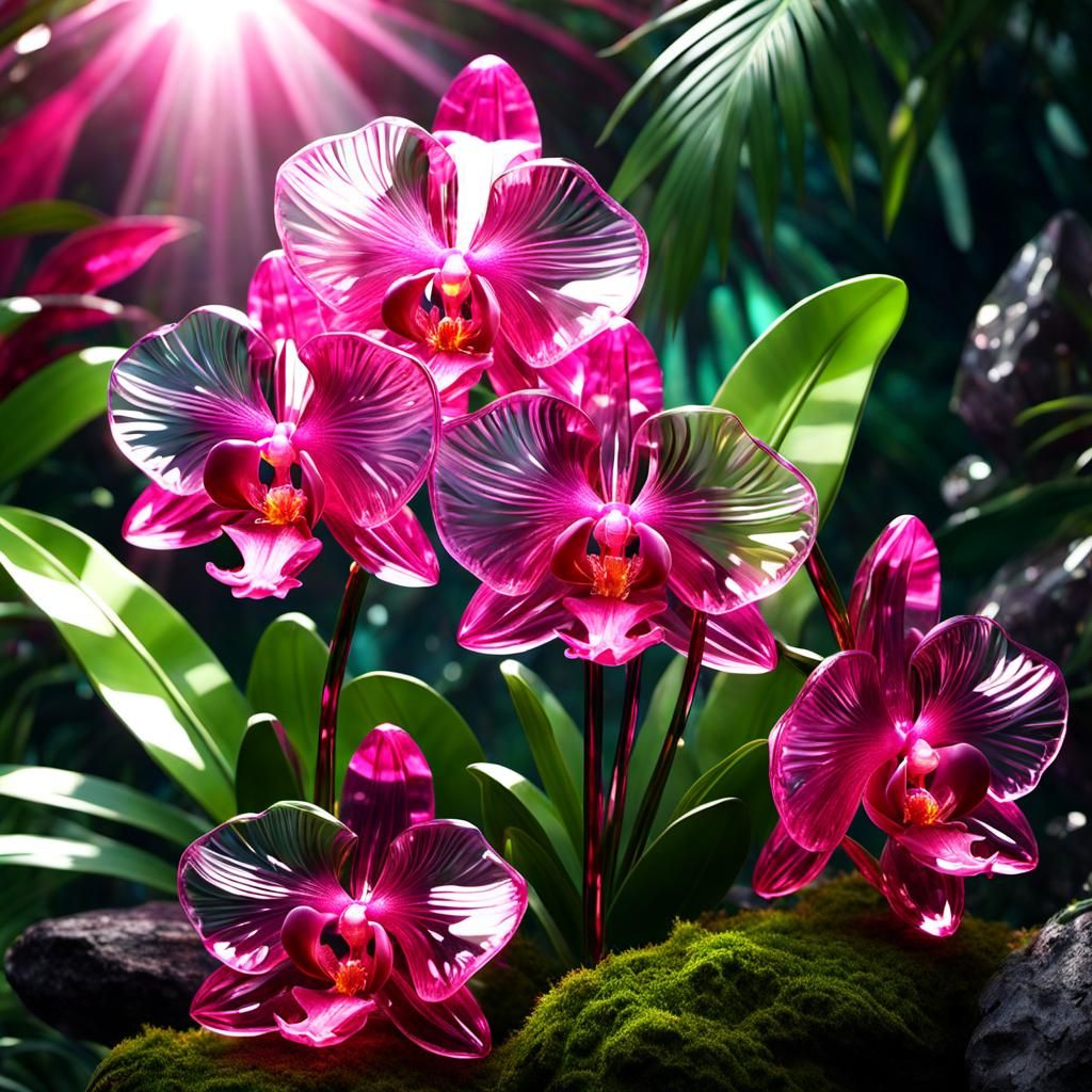 Reflective Pink Crystal Orchids in Tropical Forest