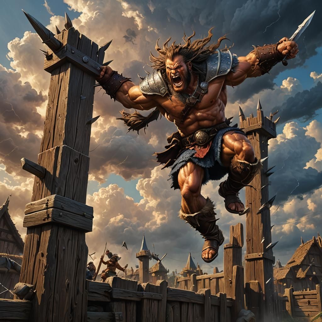 Barbarian Berserker Leaps into Battle: Hyperrealistic Splash...
