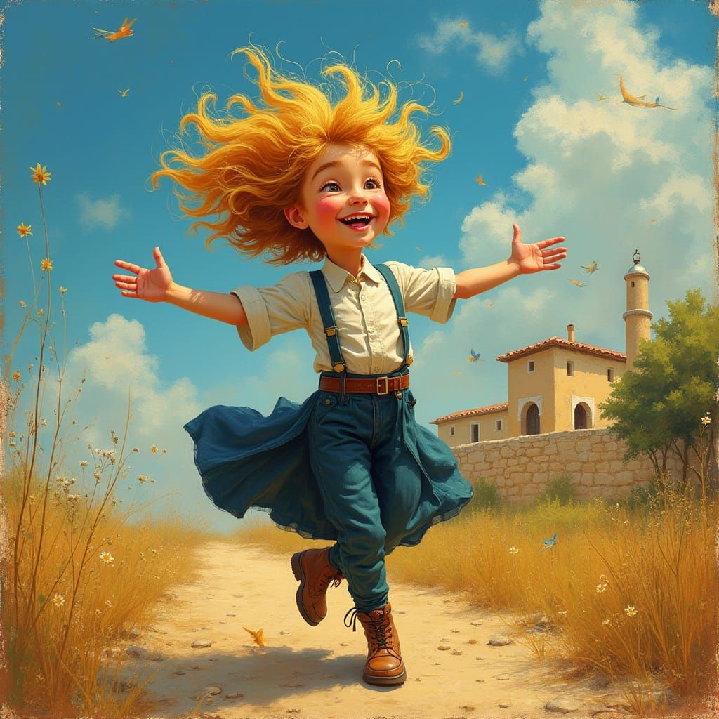 Hasidic Boy Dancing in Meron: Whimsical Art Style