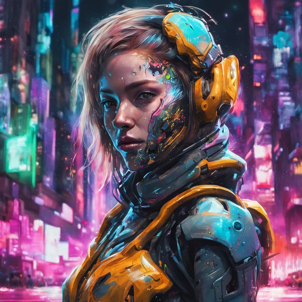 Cyborg Girl Portrait in Neon City Graffiti Art