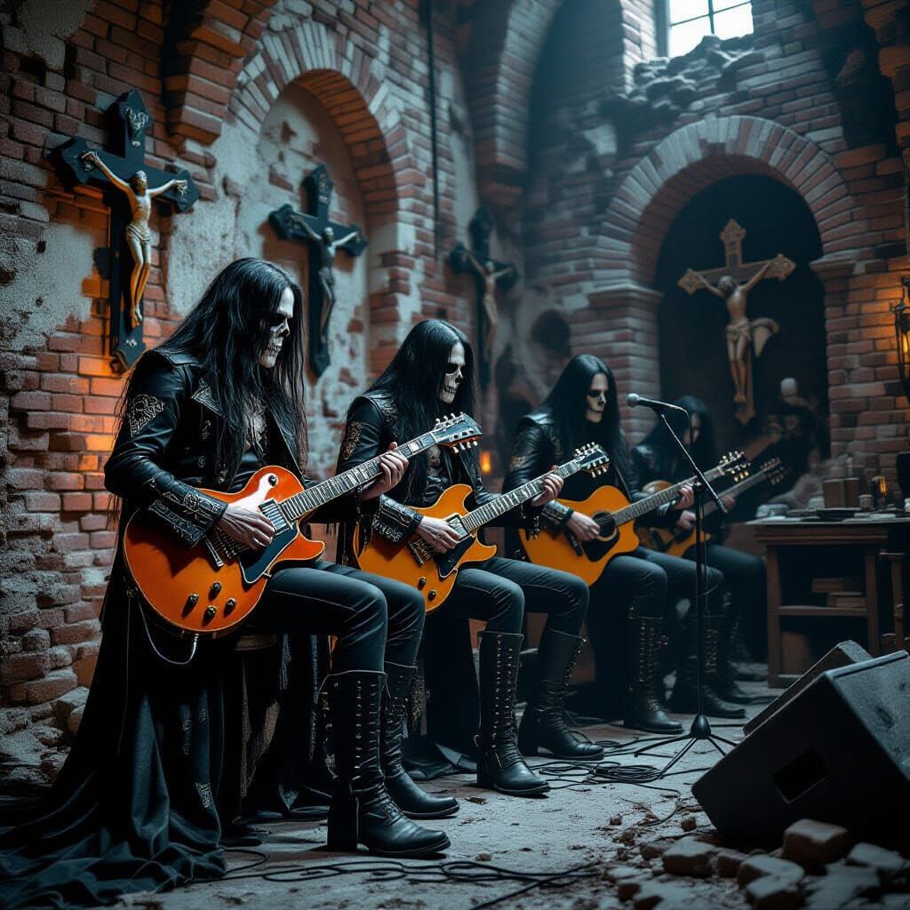 Gothic Rock Musicians Skeletons Perform on Stage
