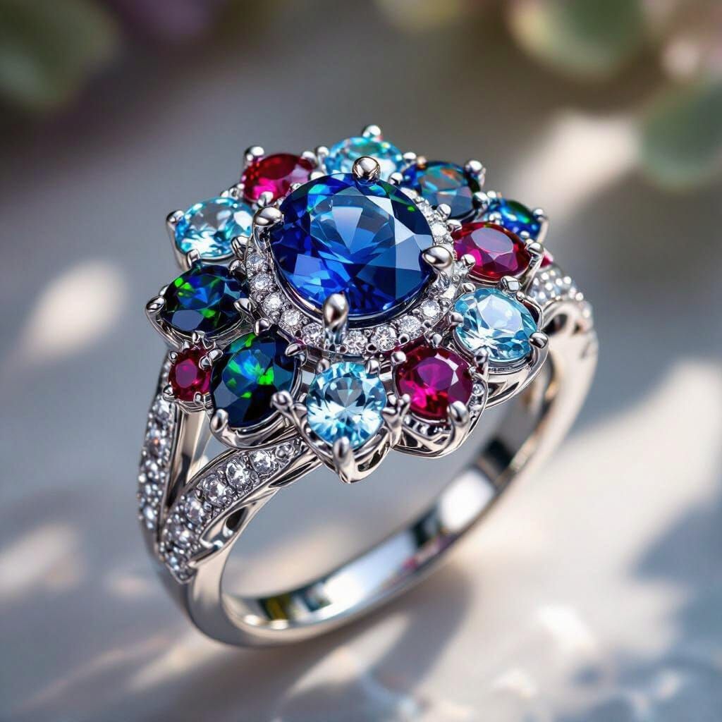 Exquisite Wedding Ring with Sapphire, Opal, Aquamarine & Rub...