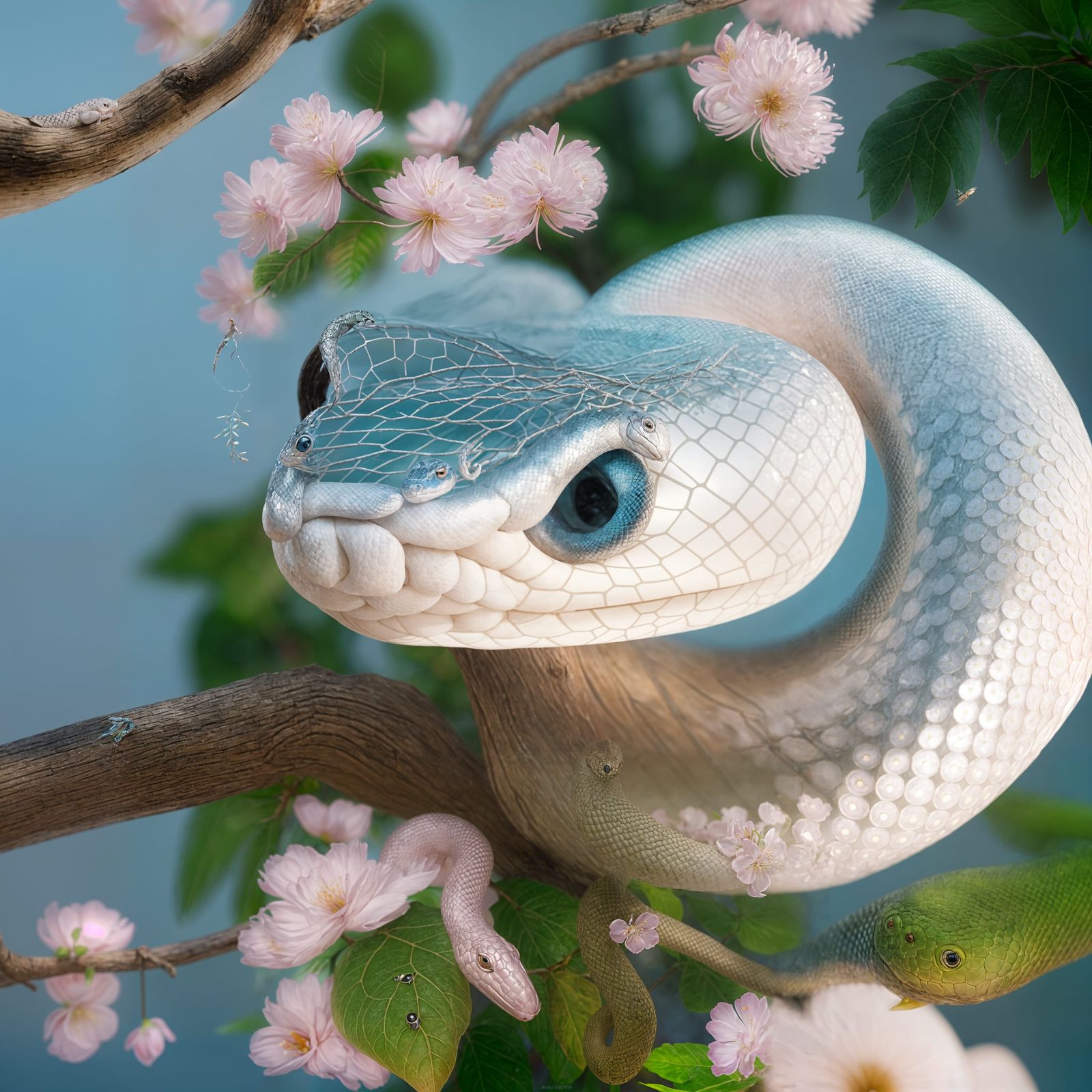 In a cherry blossom tree so grand, A little white snake made its stand