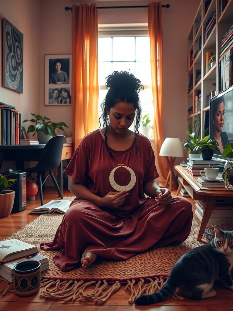 Empowered Woman Embroidering in Sunlit Apartment