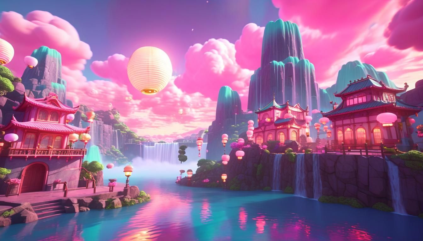 Dreamy Cityscape on Pink Cloud in Ghibli Style