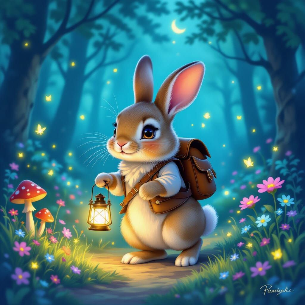 Rabbit Adventurer in Enchanted Forest at Twilight