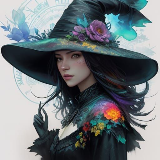 Mystical Witch Double Exposure in Watercolor Style