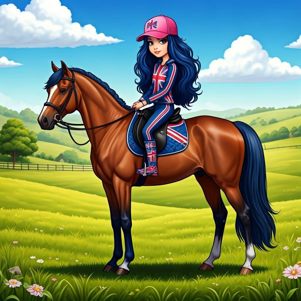 Britannia Miller Riding a Horse in a Whimsical Paddock Lands...