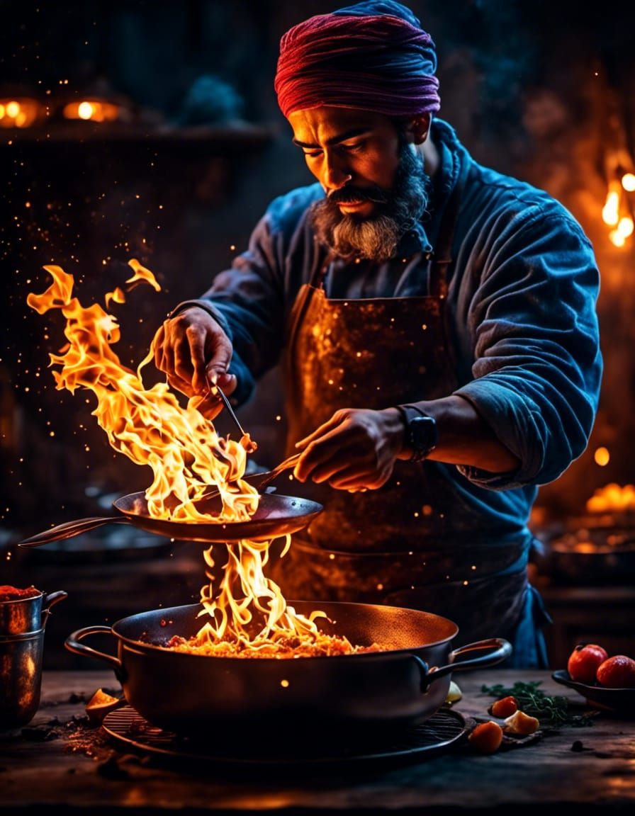 Fiery Pan: Culinary Art in Motion
