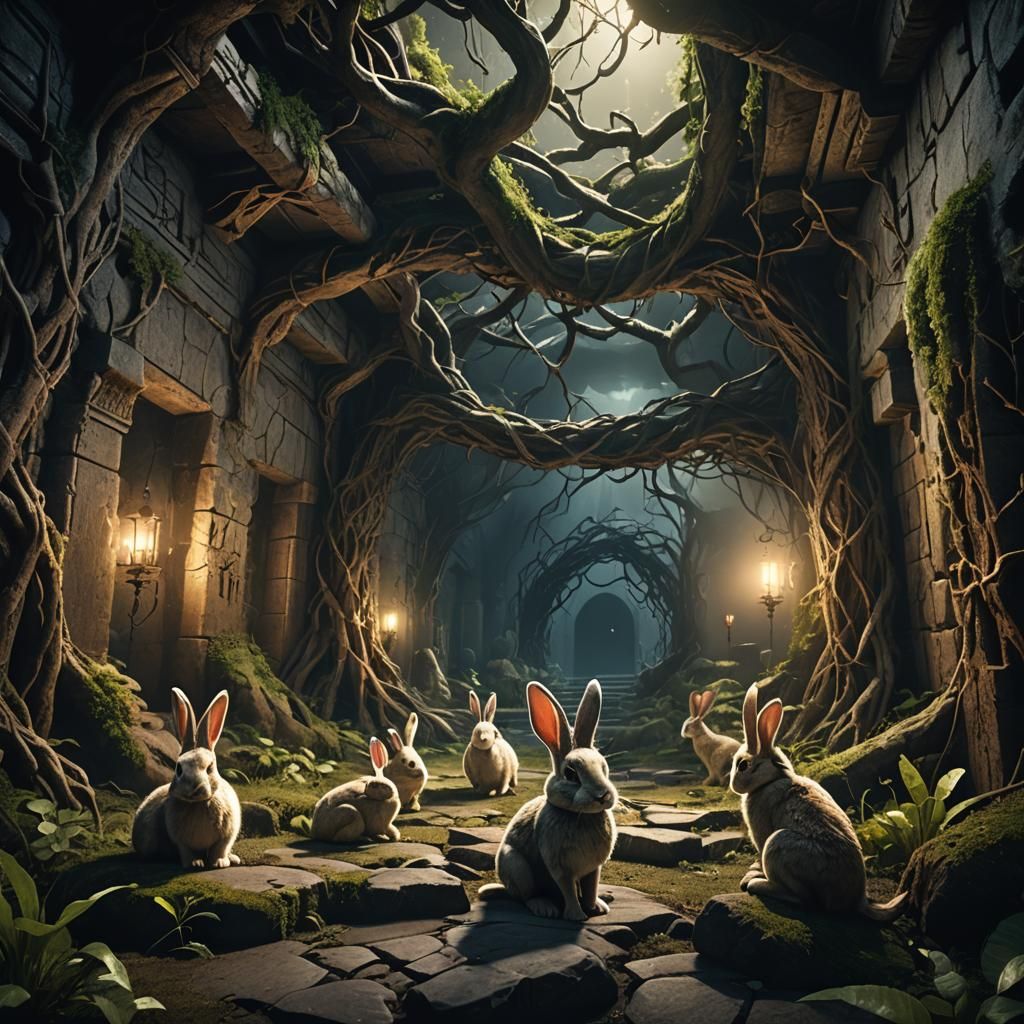Bunnies in Eerie Realm: 3D Rendered Fantasy