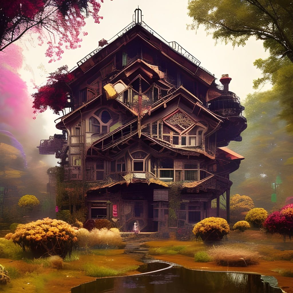 Detailed Asgardian Steampunk Longhouse with Vibrant Flora