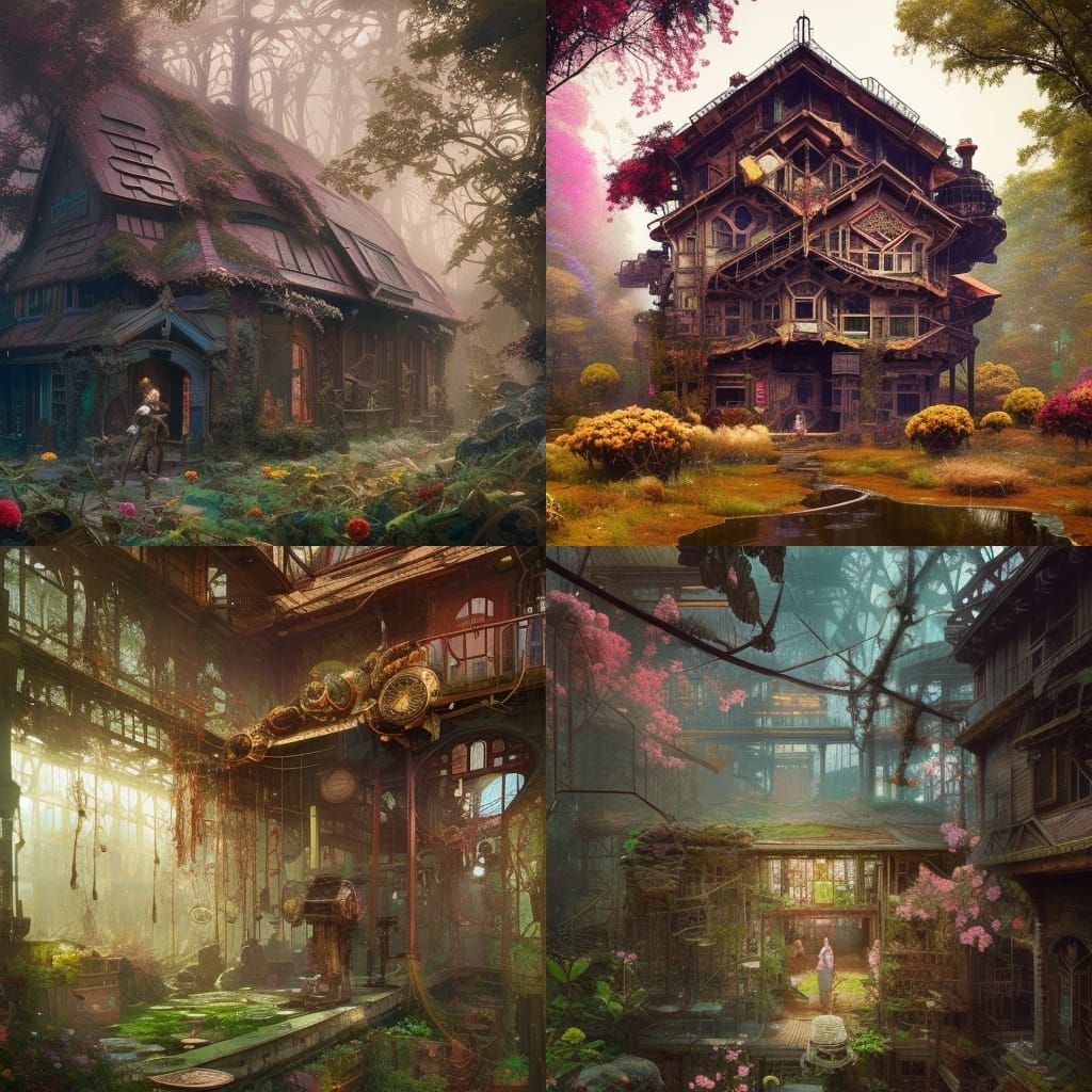 Asgardian Steampunk Longhouse with Vibrant Flora