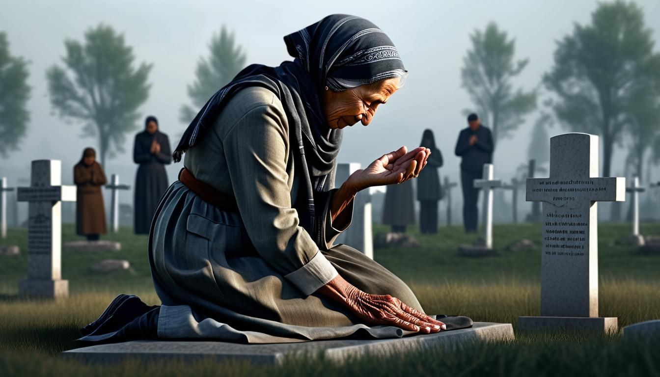 Woman's Prayer at War Cemetery, Hyperrealistic Photo