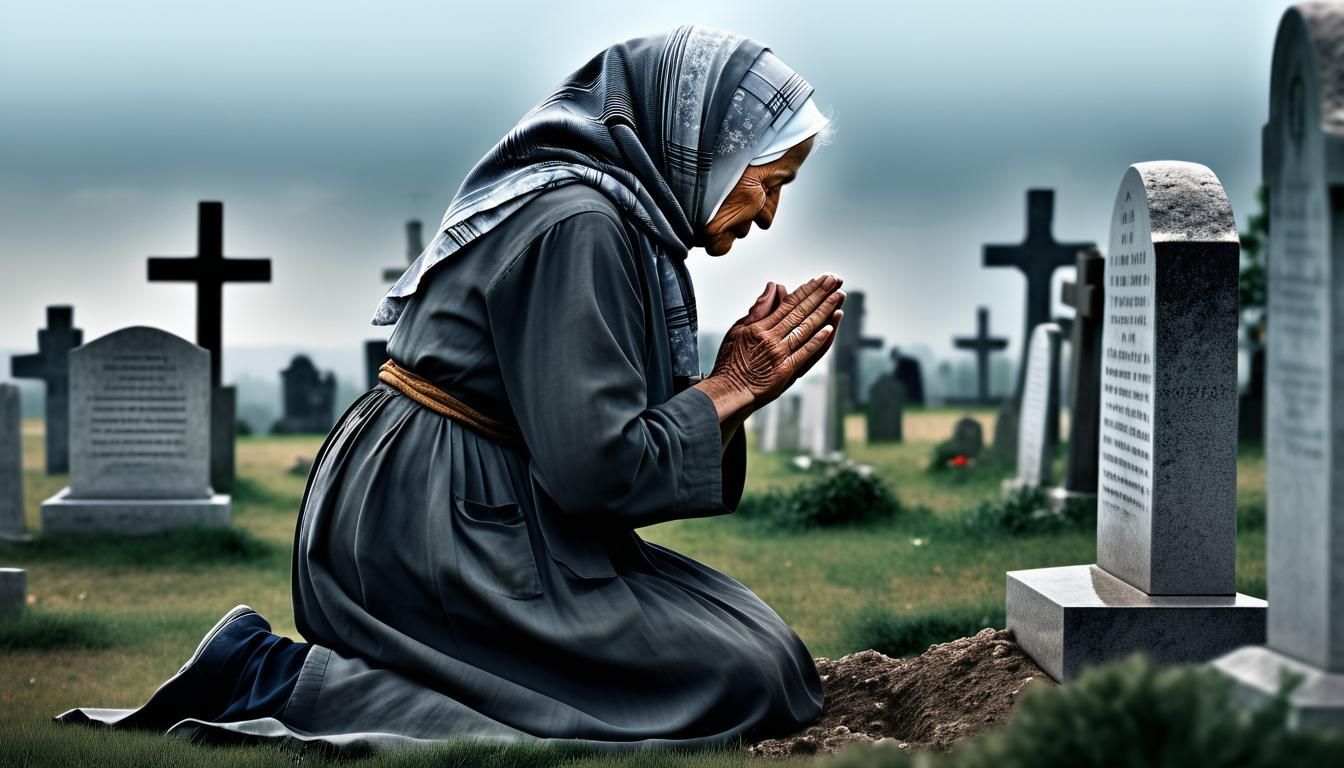Devout Woman Praying at War Cemetery: Hyperrealistic Photo
