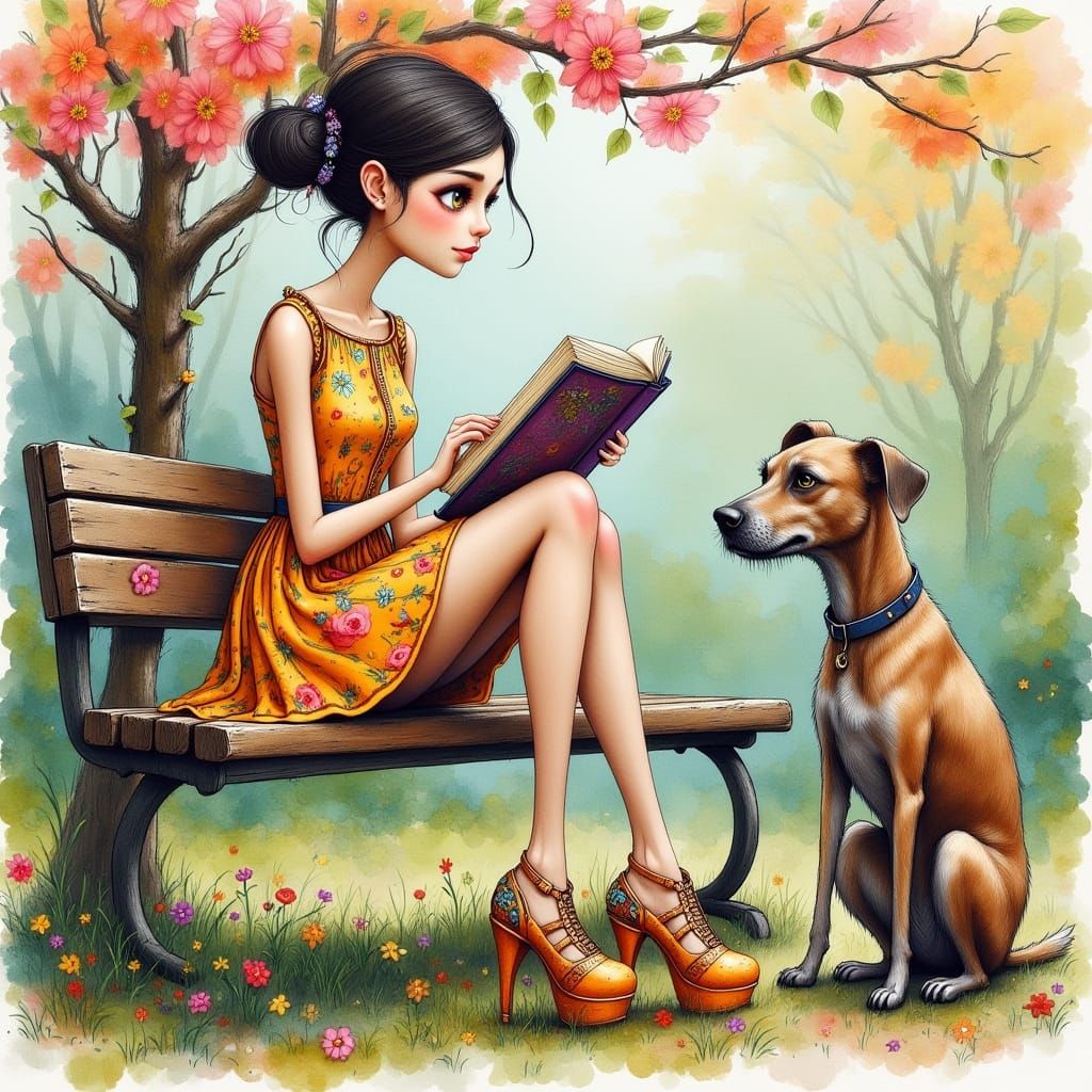 Girl Reads to Dog in Steampunk Spring Park