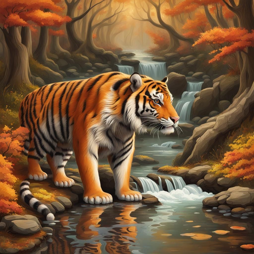 Tiger Drinking in Autumn Forest Stream